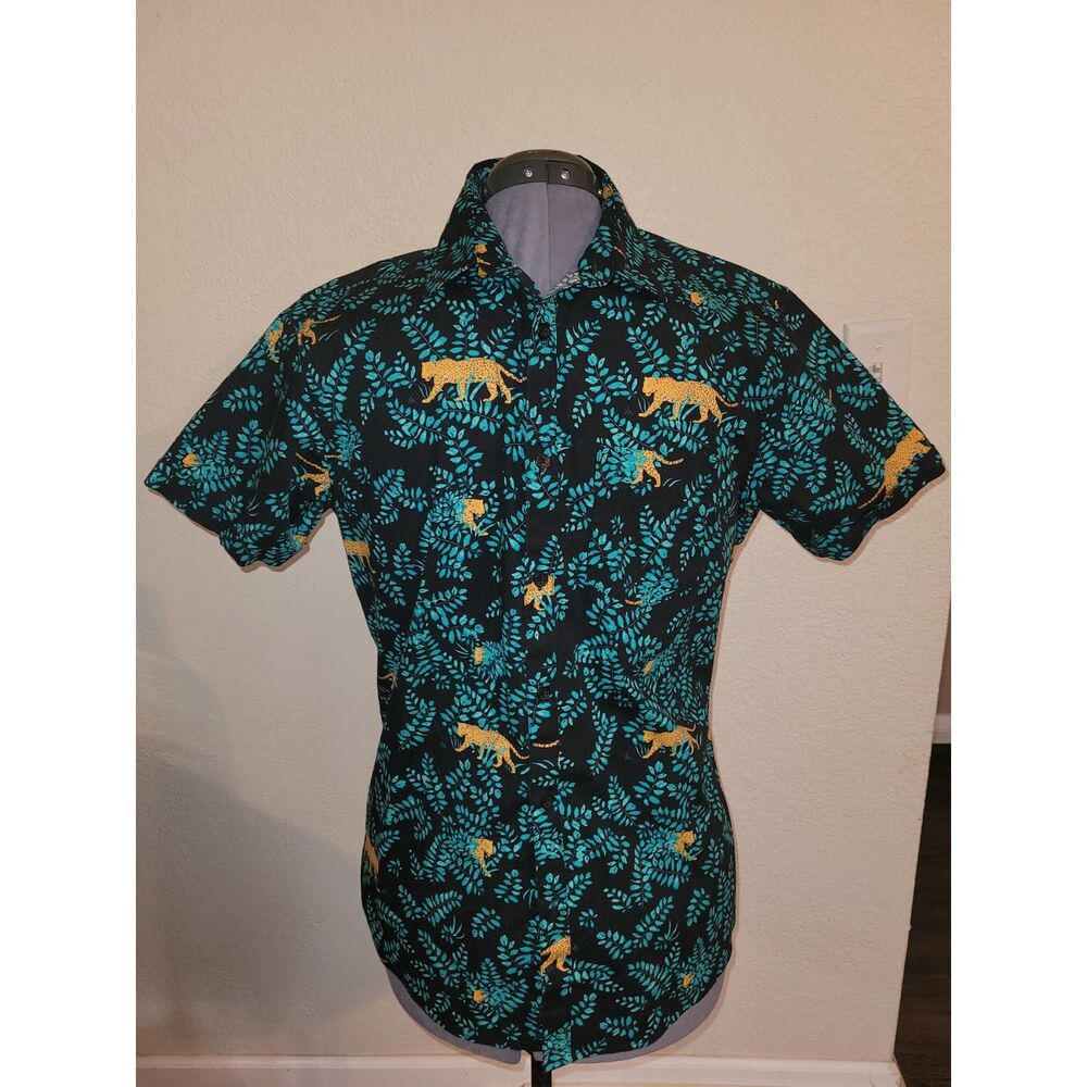 Marc Anthony Luxury Slim Fit Button Down - Teal Leaf & Leopard Print - Men's M